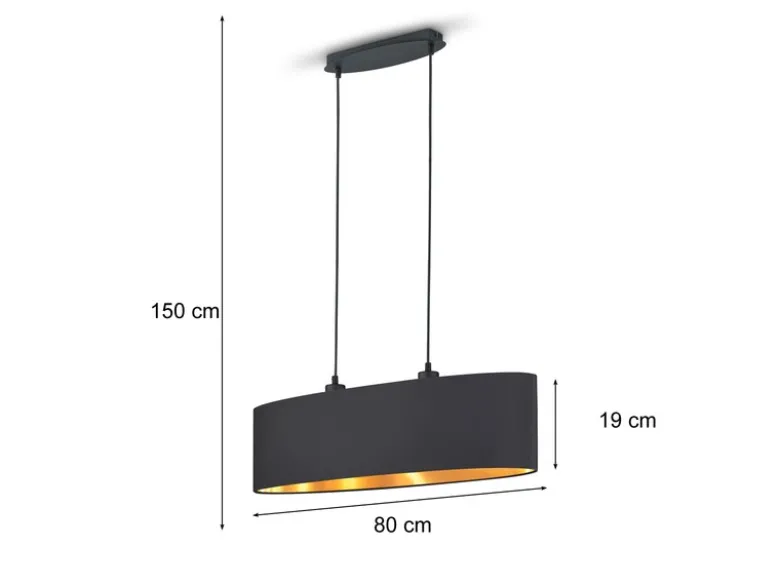 Pendelleuchte mit Stoff Lampenschirm Schwarz / innen Gold oval, Breite 80cm