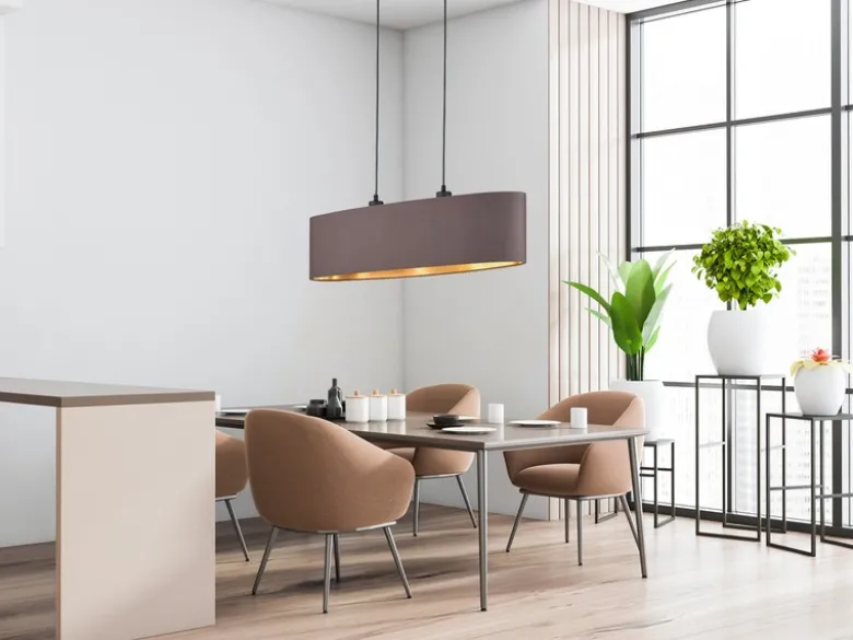 Pendelleuchte mit Stoff Lampenschirm Braun / innen Gold oval, Breite 80cm