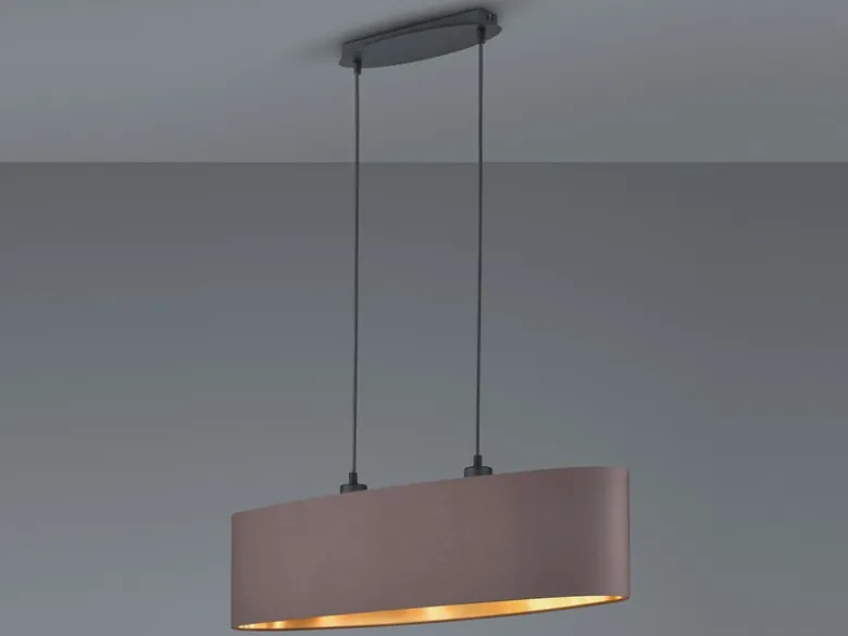 Pendelleuchte mit Stoff Lampenschirm Braun / innen Gold oval, Breite 80cm