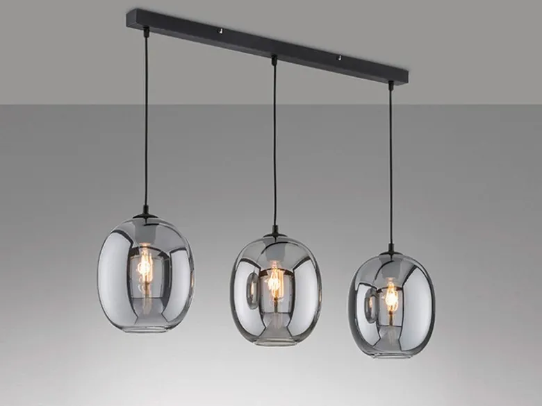 Pendelleuchte NAYLA 3-flammig mit Glaskugeln aus Rauchglas, Breite 95cm