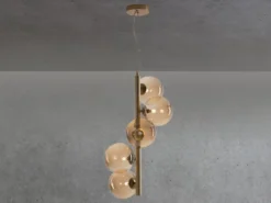 Pendelleuchte NEPTUN 5-flammig in Messing mit Amber Glaskugeln lang, Höhe 183cm