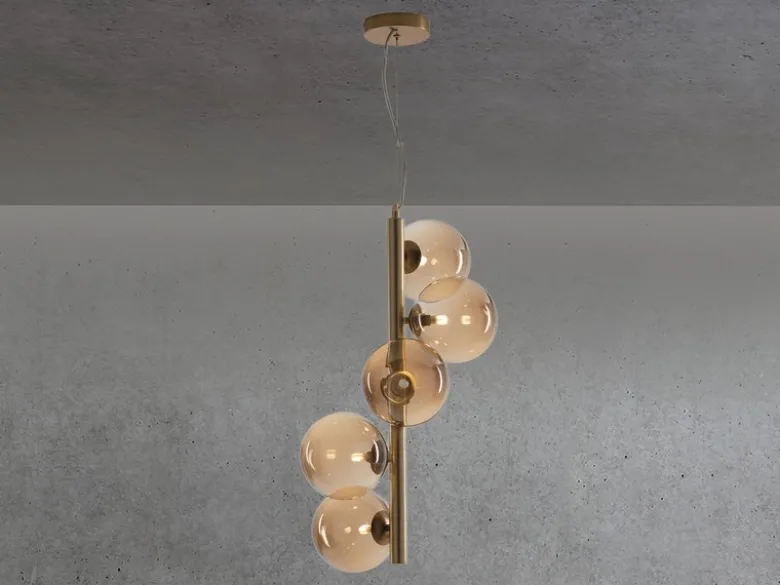 Pendelleuchte NEPTUN 5-flammig in Messing mit Amber Glaskugeln lang, Höhe 183cm