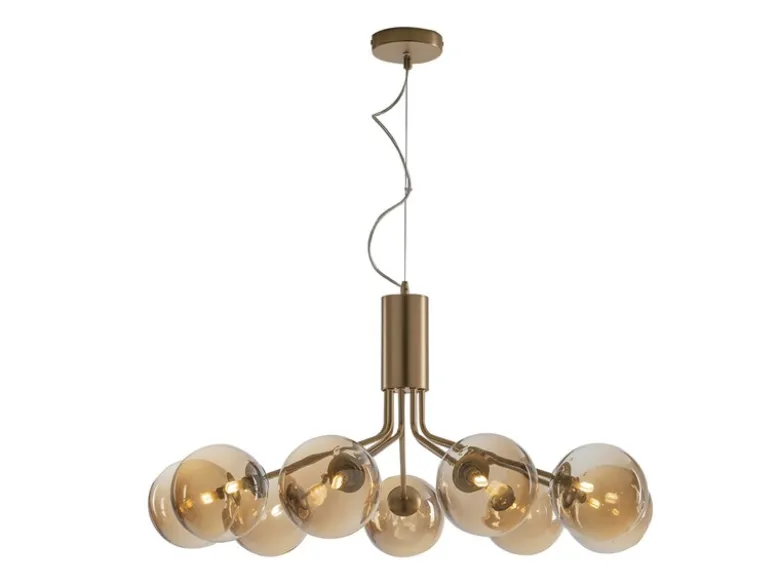 Pendelleuchte NEPTUN 9-flammig Messing & Amberglas, Ø 83cm
