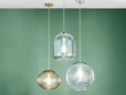 Pendelleuchte NEREIDE einflammig Wellenmuster Glasschirm in Blau, Ø 24,5cm