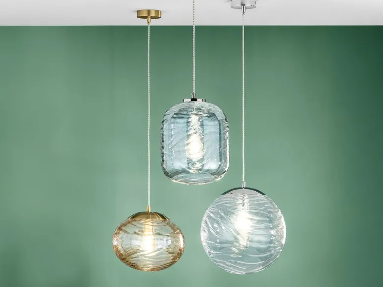 Pendelleuchte NEREIDE Glaskugel Wellenmuster Champagner, Ø 24,8cm