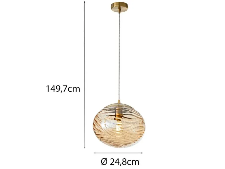 Pendelleuchte NEREIDE Glaskugel Wellenmuster Champagner, Ø 24,8cm