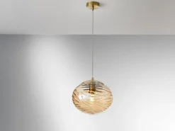 Pendelleuchte NEREIDE Glaskugel Wellenmuster Champagner, Ø 24,8cm