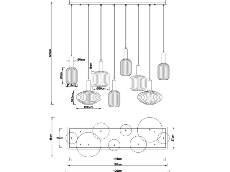 Pendelleuchte NORMY 8-flammig aus Rillenglas Bunt, Breite 125cm