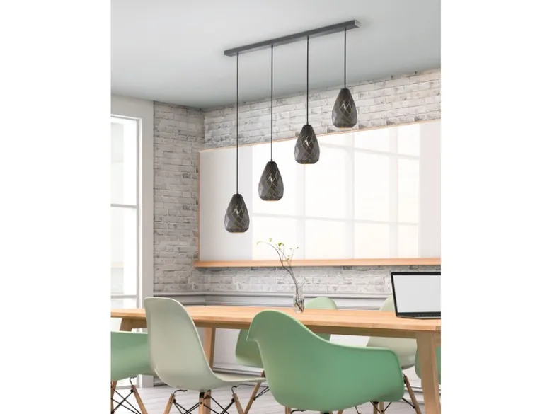 Pendelleuchte ONYX 4 flammig mit Lasercut Muster Anthrazit innen Gold, B: 90cm