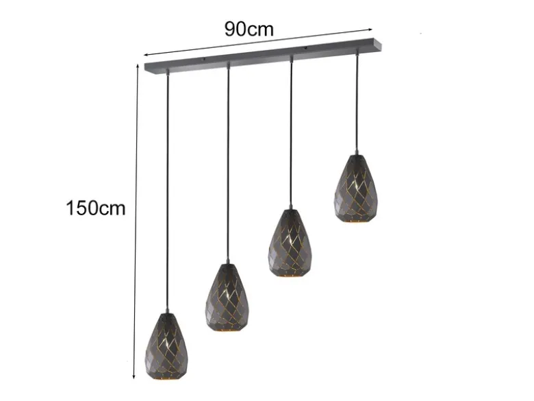 Pendelleuchte ONYX 4 flammig mit Lasercut Muster Anthrazit innen Gold, B: 90cm