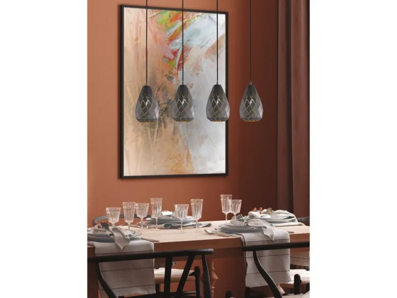 Pendelleuchte ONYX 4 flammig mit Lasercut Muster Anthrazit innen Gold, B: 90cm