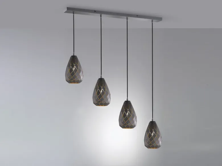 Pendelleuchte ONYX 4 flammig mit Lasercut Muster Anthrazit innen Gold, B: 90cm
