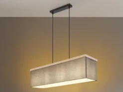 Pendelleuchte OSSI mit Stoff Lampenschirm und Holzoptik, Breite 80cm
