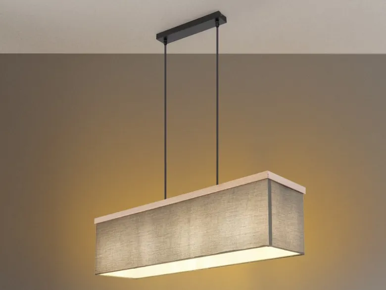 Pendelleuchte OSSI mit Stoff Lampenschirm und Holzoptik, Breite 80cm