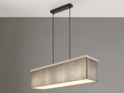 Pendelleuchte OSSI mit Stoff Lampenschirm und Holzoptik, Breite 80cm