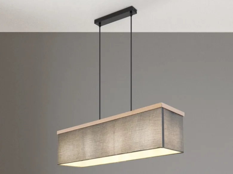 Pendelleuchte OSSI mit Stoff Lampenschirm und Holzoptik, Breite 80cm