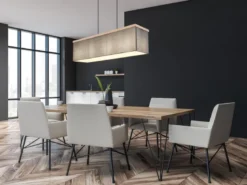 Pendelleuchte OSSI mit Stoff Lampenschirm und Holzoptik, Breite 80cm
