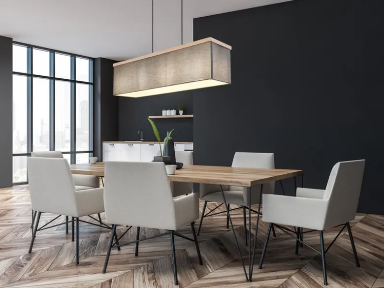 Pendelleuchte OSSI mit Stoff Lampenschirm und Holzoptik, Breite 80cm