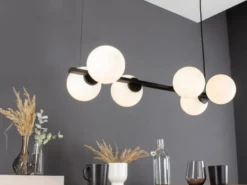 Pendelleuchte PLUTO 6 flammig Schwarz & Opalglas Kugeln Weiß, Breite 80cm
