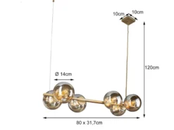 Pendelleuchte PLUTO 6-flammig Messing & Amberglas Kugeln, Breite 80cm