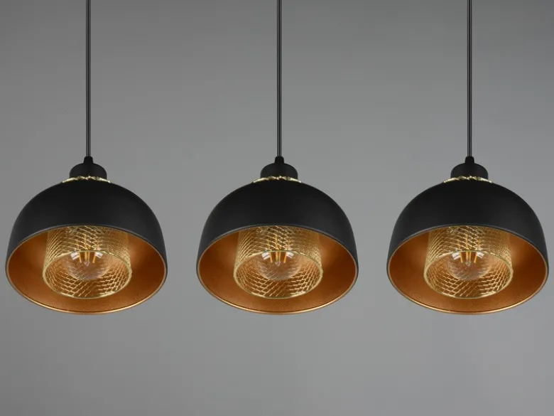 Pendelleuchte PUNCH 3-flammig Metall Schwarz Gold mit Drahtgeflecht, Breite 68cm