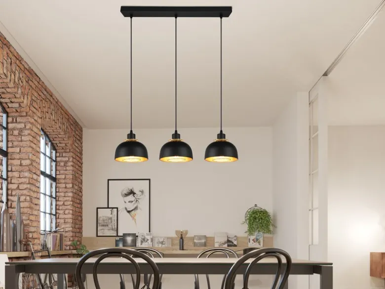 Pendelleuchte PUNCH 3-flammig Metall Schwarz Gold mit Drahtgeflecht, Breite 68cm