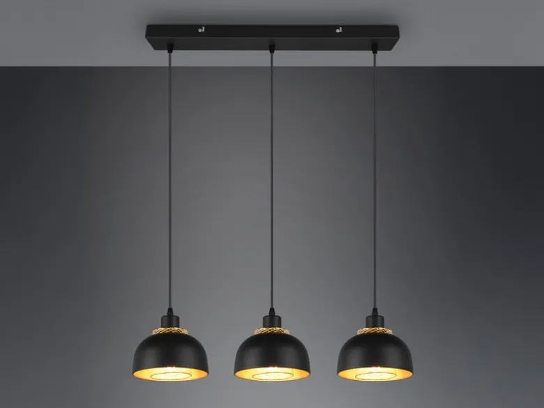 Pendelleuchte PUNCH 3-flammig Metall Schwarz Gold mit Drahtgeflecht, Breite 68cm