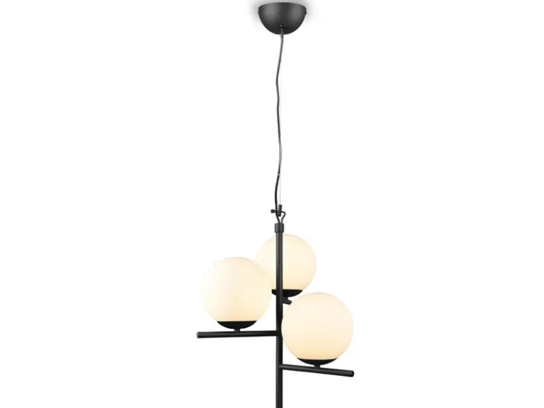 Pendelleuchte PURE 3-flammig in Schwarz mit Glaskugeln aus Opalglas, Ø 40cm