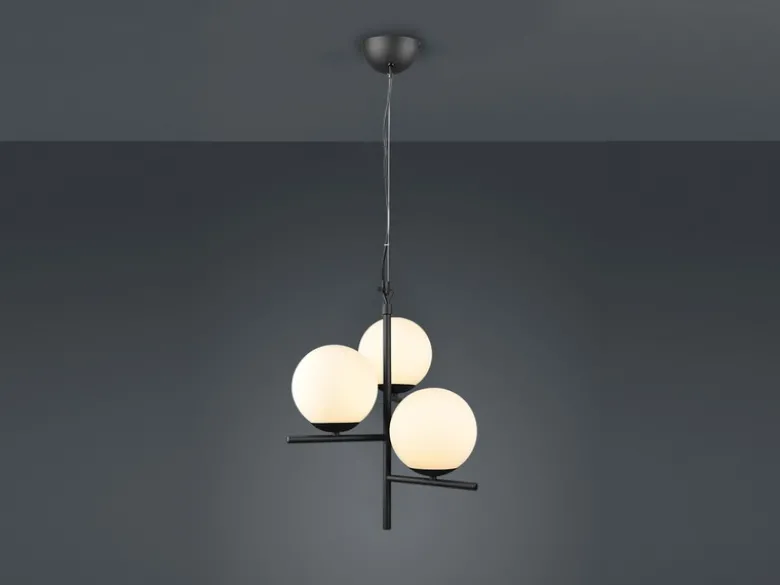 Pendelleuchte PURE 3-flammig in Schwarz mit Glaskugeln aus Opalglas, Ø 40cm