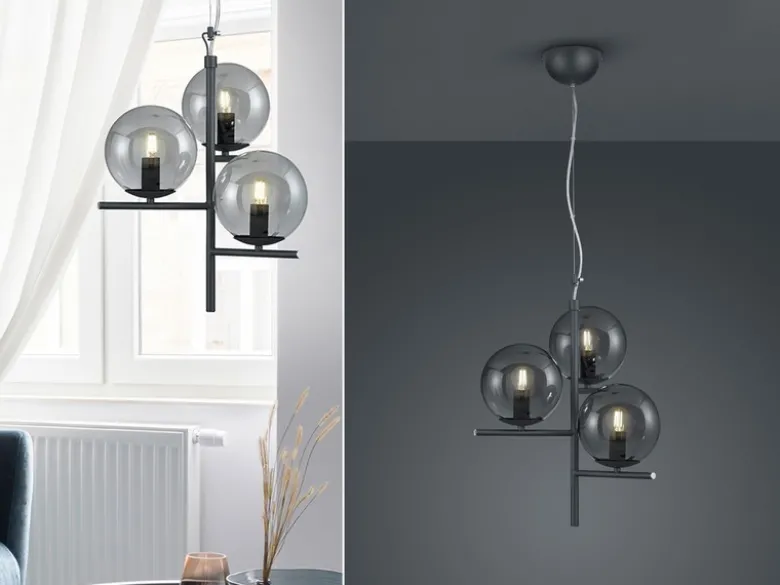 Pendelleuchte PURE 3-flammig in Schwarz mit Glaskugeln aus Rauchglas, Ø 40cm