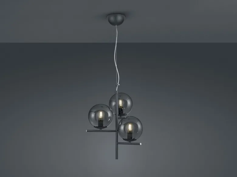 Pendelleuchte PURE 3-flammig in Schwarz mit Glaskugeln aus Rauchglas, Ø 40cm