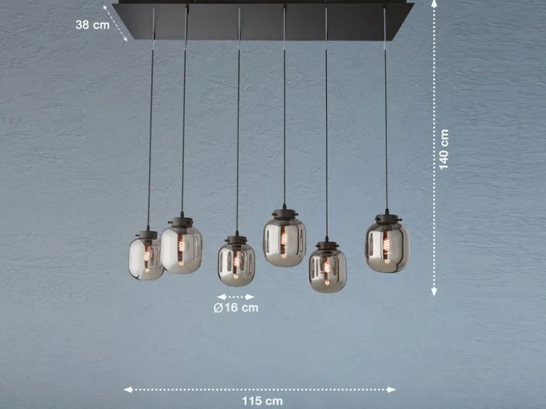 Pendelleuchte REGI mehrflammig mit 6 Glaskugeln aus Rauchglas, Breite 115cm