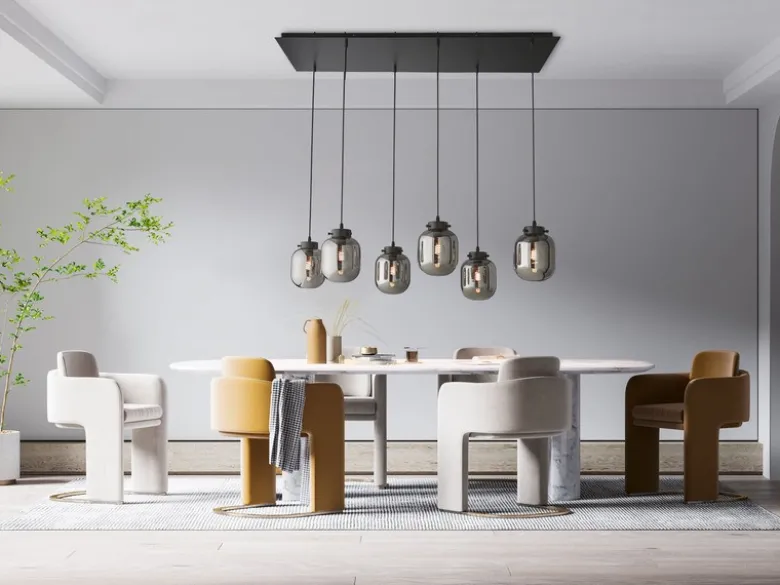 Pendelleuchte REGI mehrflammig mit 6 Glaskugeln aus Rauchglas, Breite 115cm