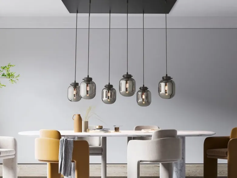 Pendelleuchte REGI mehrflammig mit 6 Glaskugeln aus Rauchglas, Breite 115cm