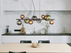 Pendelleuchte RIHA Anthrazit 9-flammig mit bunten Glaskugeln, Breite 86cm