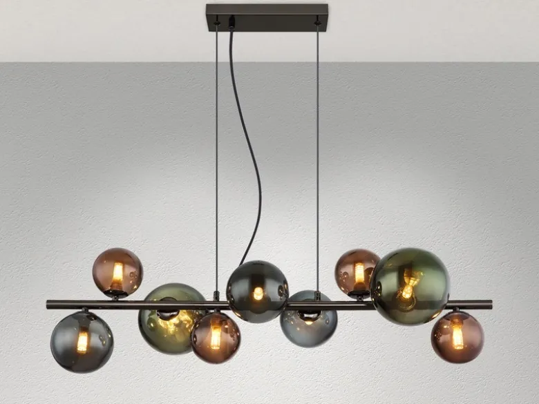 Pendelleuchte RIHA Anthrazit 9-flammig mit bunten Glaskugeln, Breite 86cm