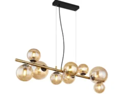 Pendelleuchte RIHA Messing-Schwarz 9-flammig mit Glaskugeln Bernstein, B: 87cm