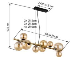 Pendelleuchte RIHA Messing-Schwarz 9-flammig mit Glaskugeln Bernstein, B: 87cm