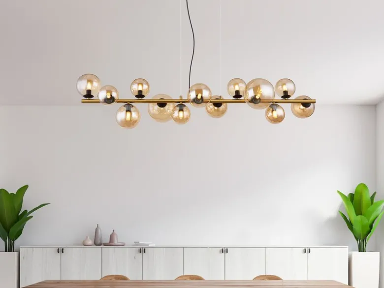 Pendelleuchte RIHA Messing-Schwarz 13-flammig mit Glaskugeln Bernstein, B: 120cm