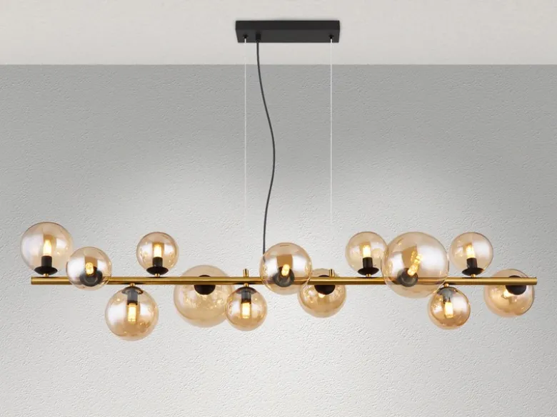 Pendelleuchte RIHA Messing-Schwarz 13-flammig mit Glaskugeln Bernstein, B: 120cm