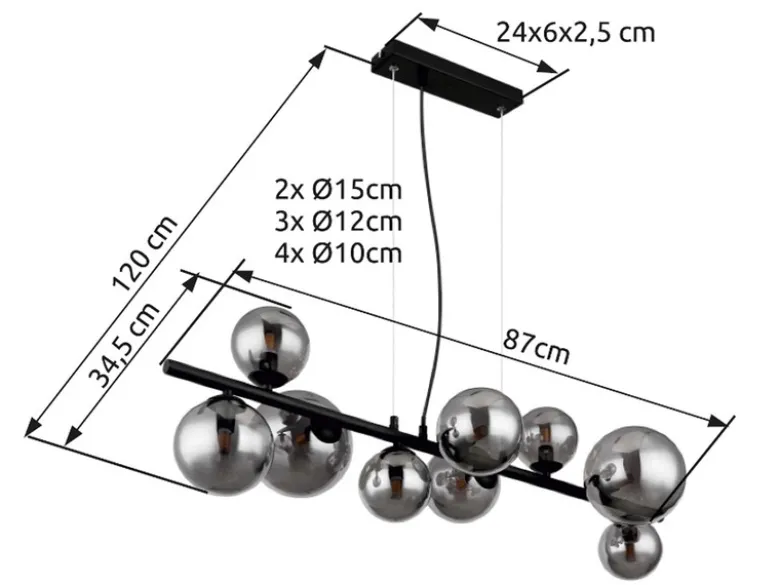 Pendelleuchte RIHA Schwarz 9-flammig mit Glaskugeln Rauchglas, Breite 87cm