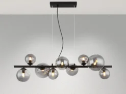 Pendelleuchte RIHA Schwarz 9-flammig mit Glaskugeln Rauchglas, Breite 87cm