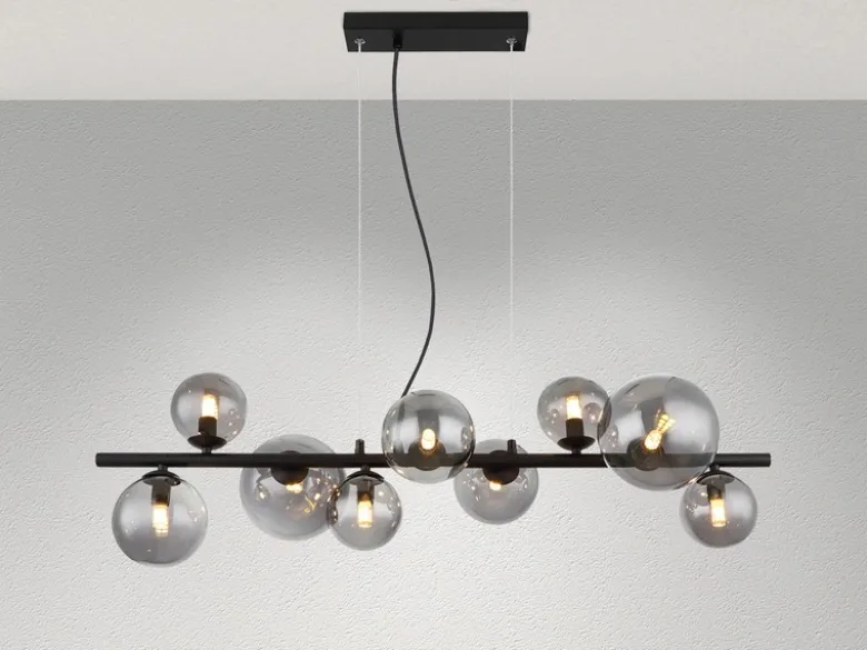 Pendelleuchte RIHA Schwarz 9-flammig mit Glaskugeln Rauchglas, Breite 87cm