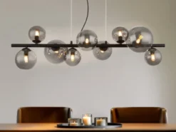 Pendelleuchte RIHA Schwarz 9-flammig mit Glaskugeln Rauchglas, Breite 87cm