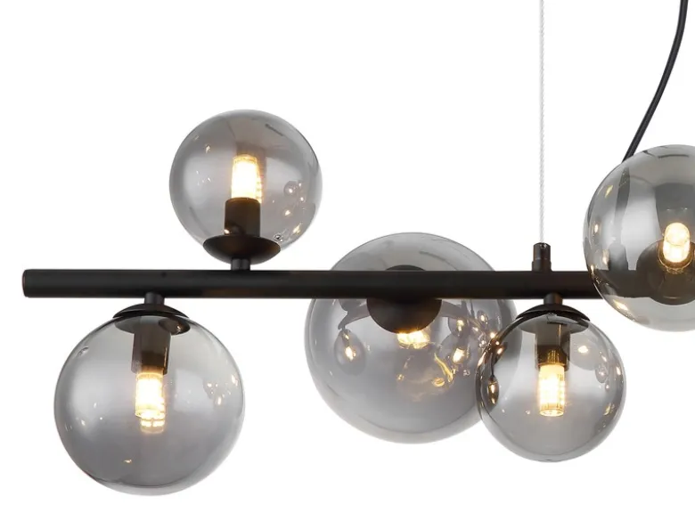 Pendelleuchte RIHA Schwarz 9-flammig mit Glaskugeln Rauchglas, Breite 87cm