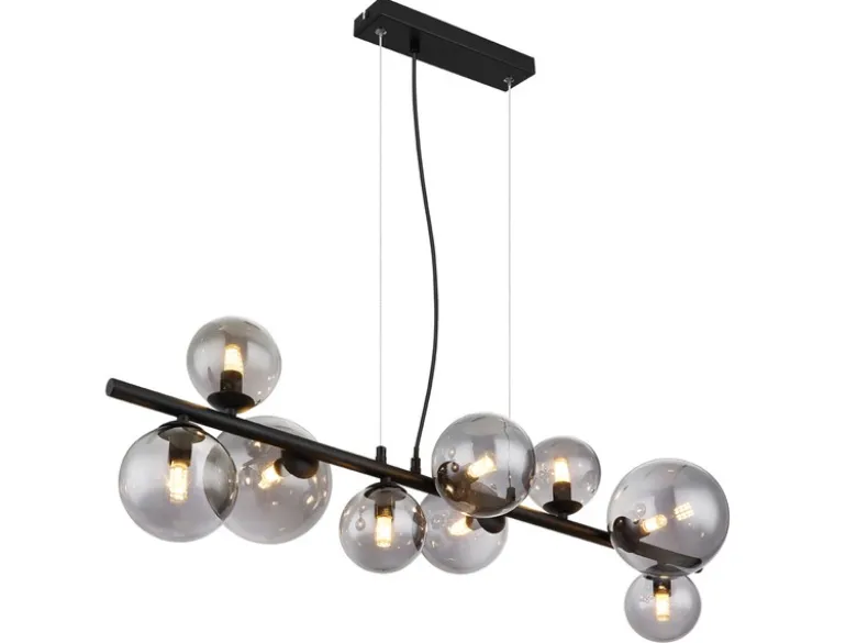 Pendelleuchte RIHA Schwarz 9-flammig mit Glaskugeln Rauchglas, Breite 87cm