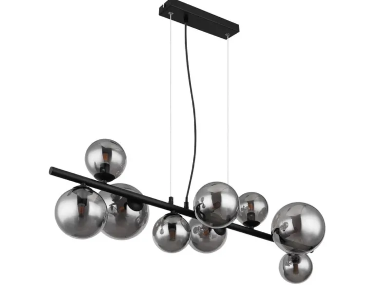 Pendelleuchte RIHA Schwarz 9-flammig mit Glaskugeln Rauchglas, Breite 87cm