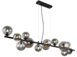 Pendelleuchte RIHA Schwarz 13-flammig mit Glaskugeln Rauchglas, Breite 120cm