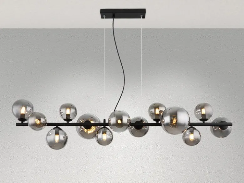 Pendelleuchte RIHA Schwarz 13-flammig mit Glaskugeln Rauchglas, Breite 120cm