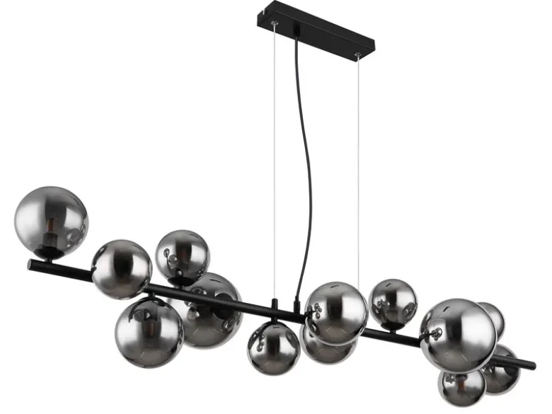 Pendelleuchte RIHA Schwarz 13-flammig mit Glaskugeln Rauchglas, Breite 120cm